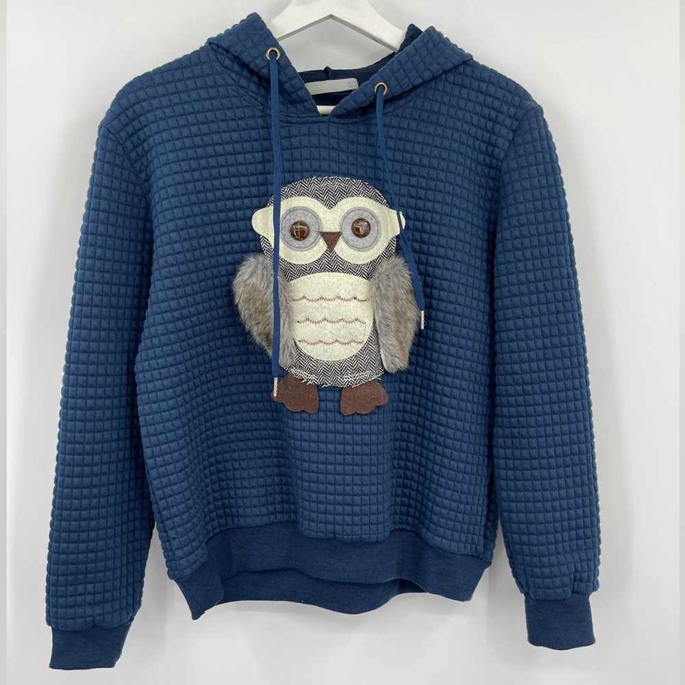 3-D Owl Hoodie Quilted Sweatshirt with Hood Blue Size Medium Zucca